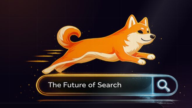 Foxdog Shiba Inu leaping above a search bar