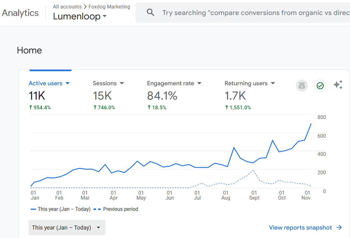 Google Analytics growth dashboard from current Foxdog client work